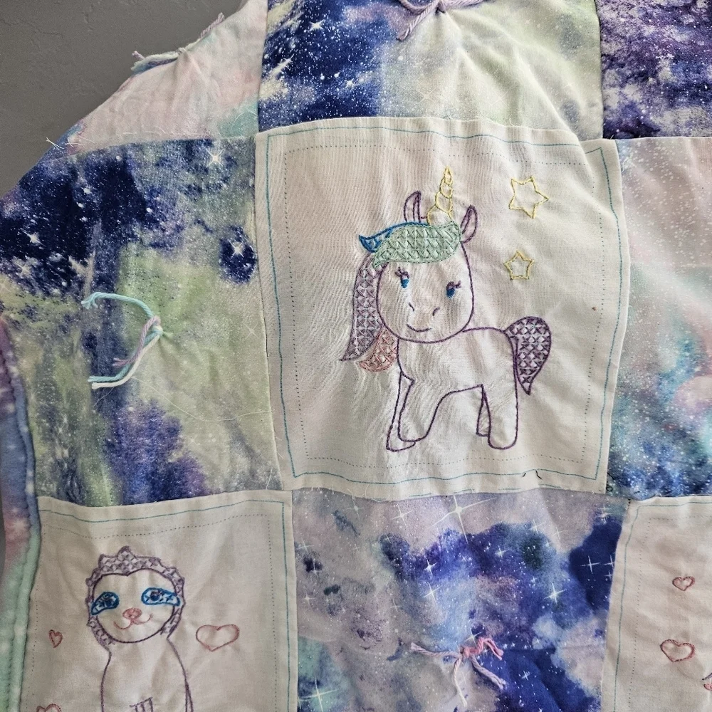 Handmade Patchwork Animal Baby Quilt Blue White Rainbow Sloth Unicorn Sleeping